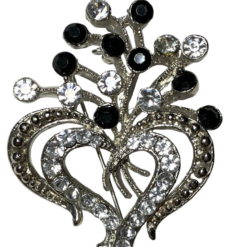 Silver Tone Black Clear Rhinestones Pin Brooch